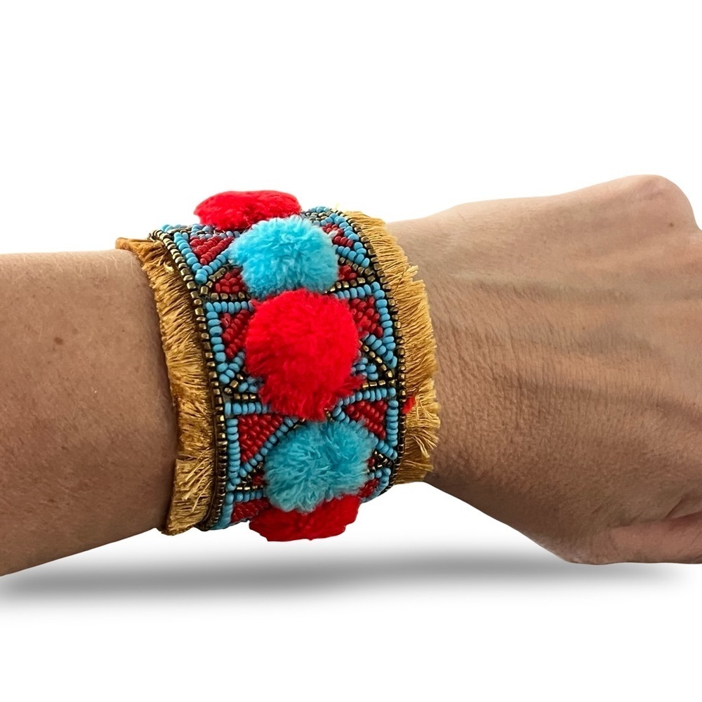 Colorful Beaded Pom-Pom Bracelet Blue and Red